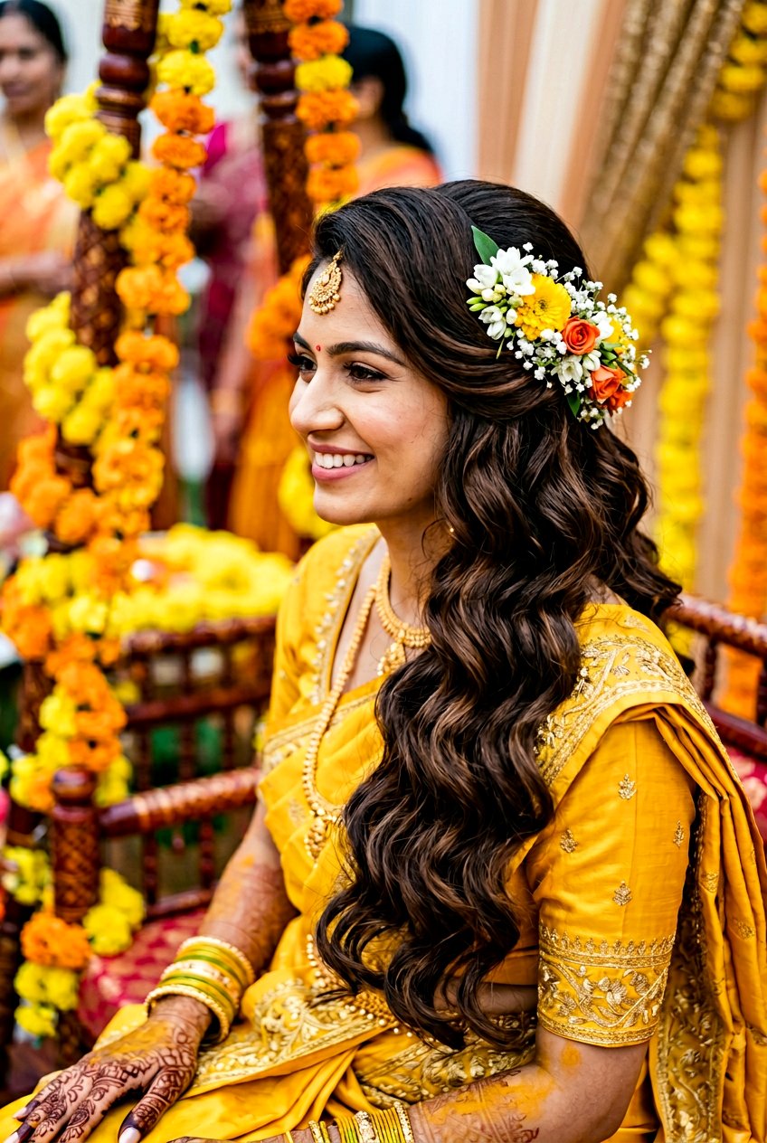 Side Swept Open Hair Haldi Hairstyle - 20 haldi hairstyles for bride - 20 haldi hairstyles for bride