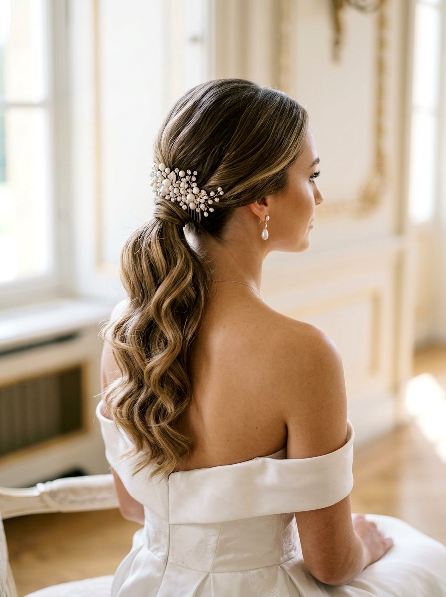 Side Swept Pearl Ponytail - 20 party hairstyle with pearl ponytail - 20 party hairstyle with pearl ponytail