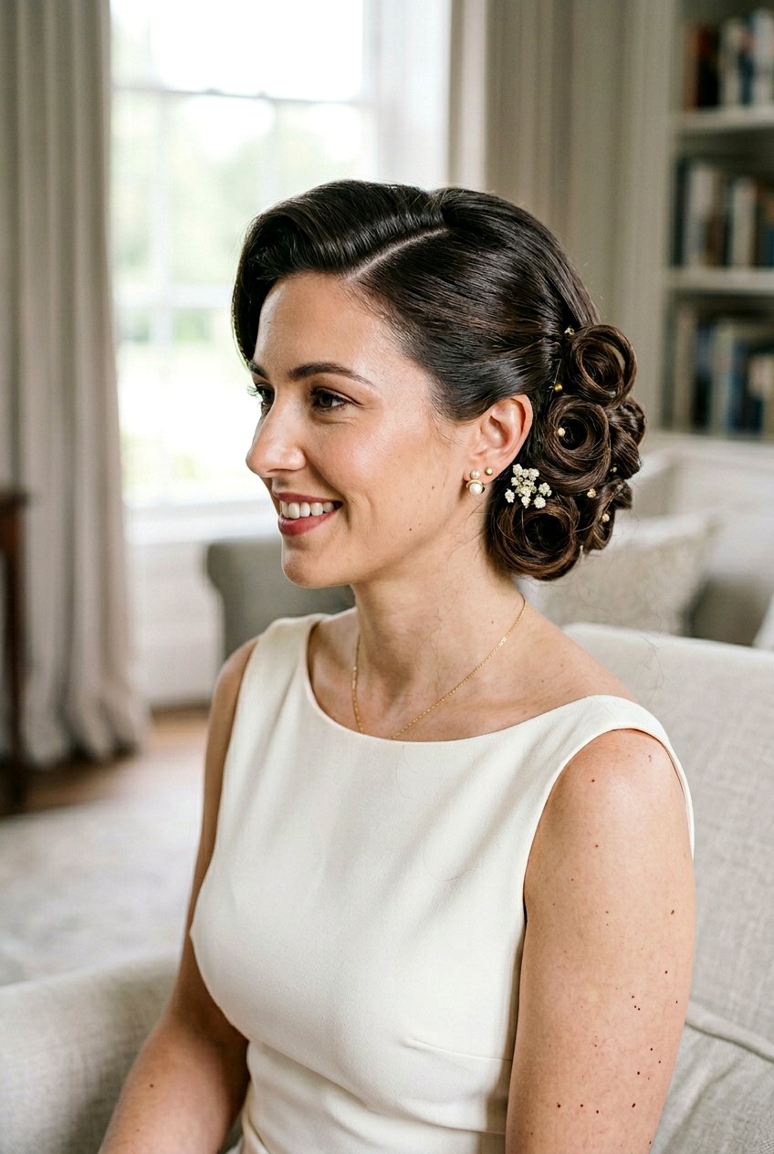 Side Swept Pin Curl Updo - 20 pin curl updo hairstyle - 20 pin curl updo hairstyle