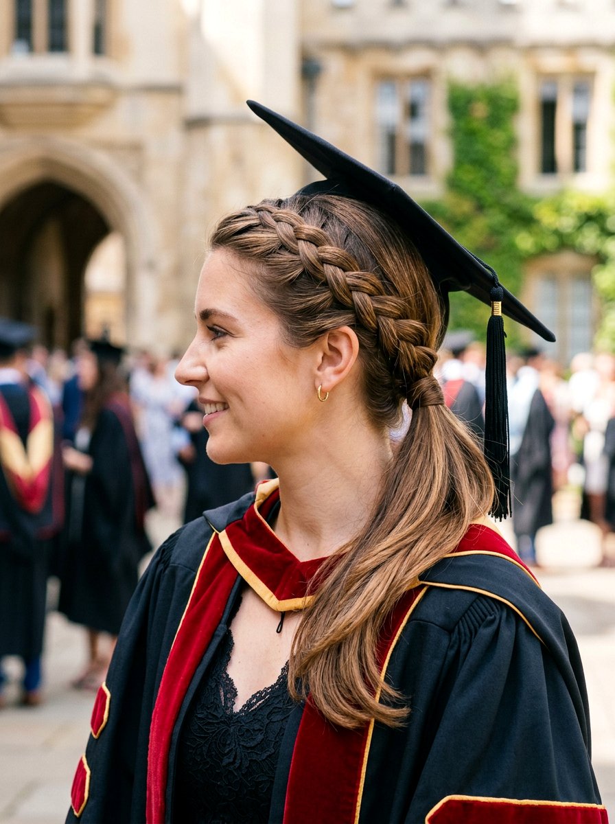Side Swept Ponytail Braided Crown - 20 light academia ponytail hairstyle - 20 light academia ponytail hairstyle