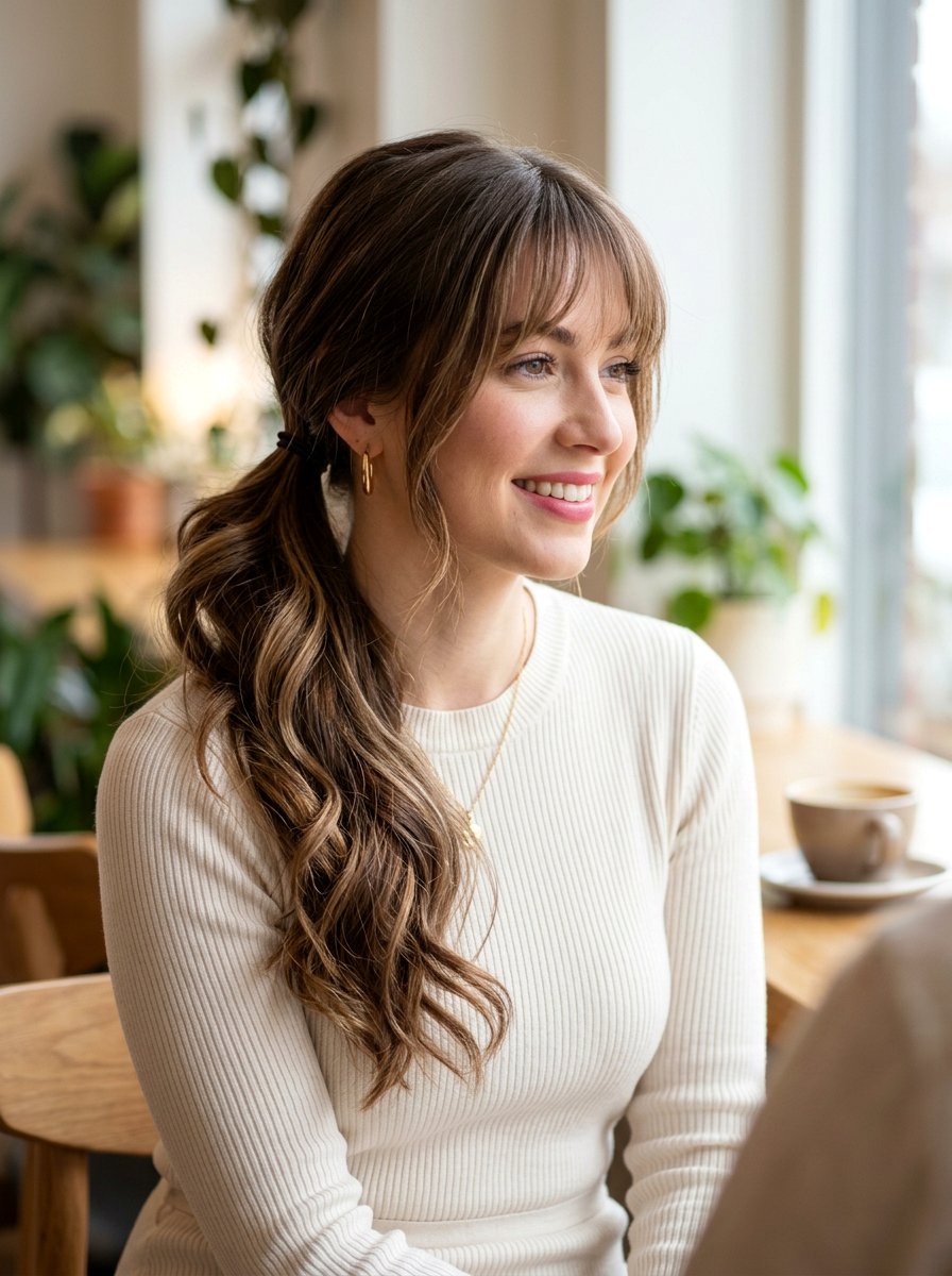 Side Swept Ponytail With Bangs - 20 cute ponytail hairstyle ideas for school - 20 cute ponytail hairstyle ideas for school