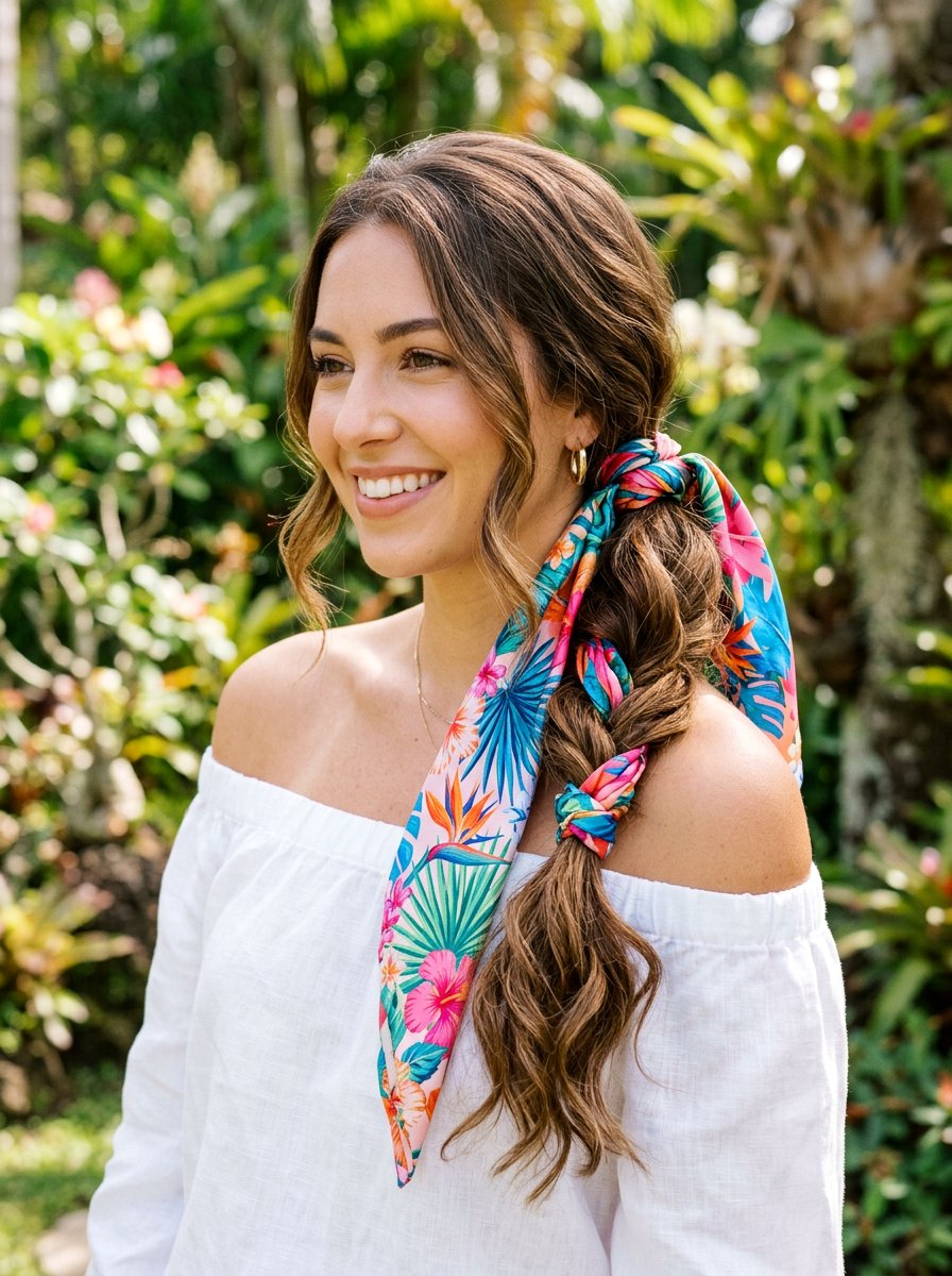 Side Swept Ponytail With Tropical Scarf - 20 vacation hairstyle with tropical scarf - 20 vacation hairstyle with tropical scarf
