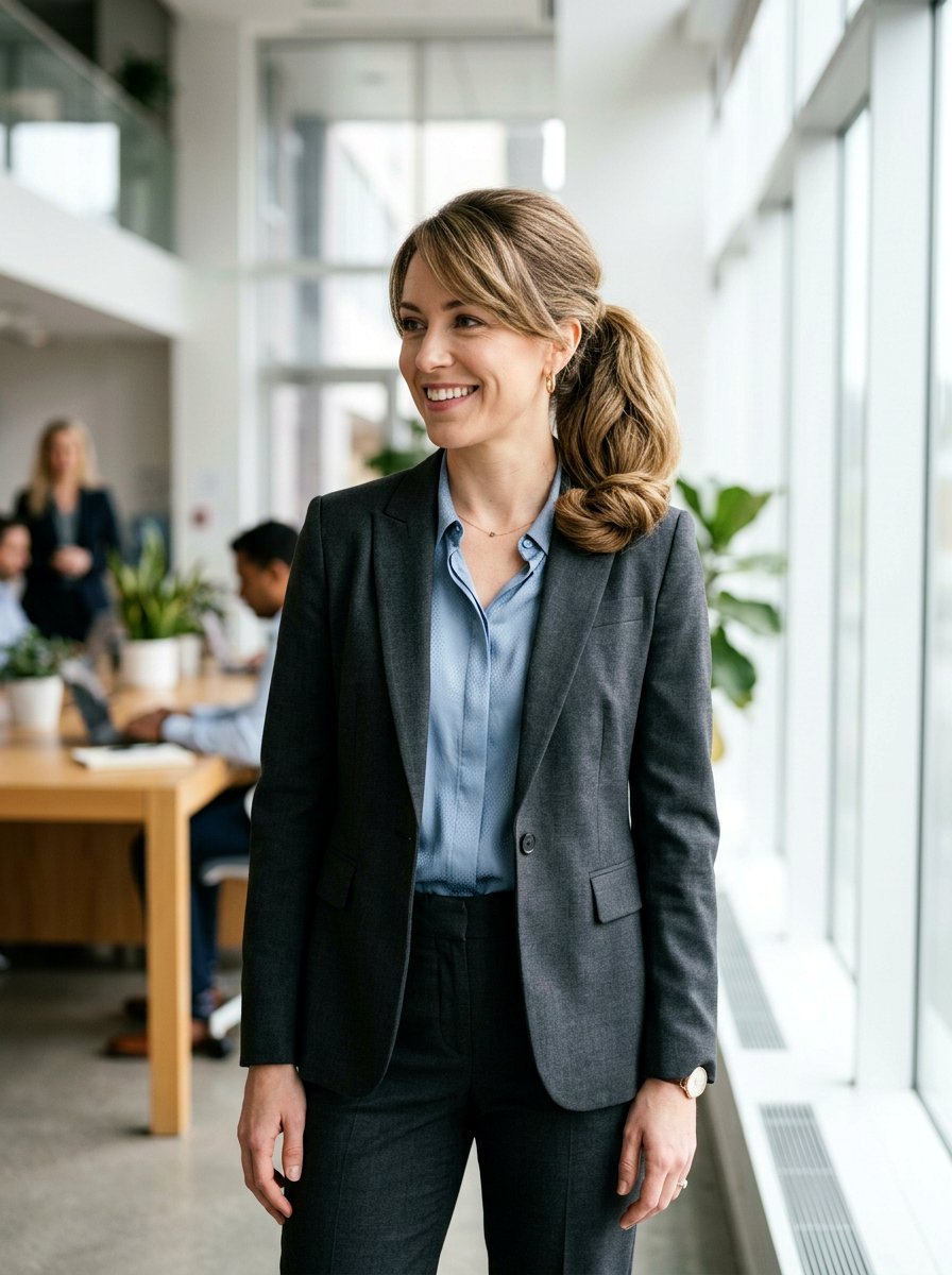 Side Swept Ponytail With Tucked Ends - 20 interview hairstyle with side swept ponytail - 20 interview hairstyle with side swept ponytail