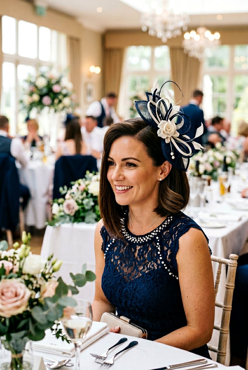 Side Swept Short Bob with Fascinator - 20 wedding guest hairstyles for short hair - 20 wedding guest hairstyles for short hair