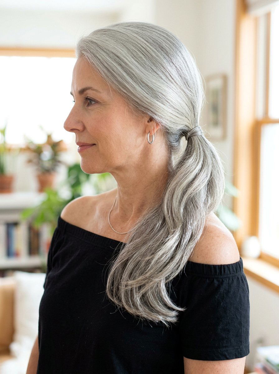 Side Swept Silver Ponytail - 20 classy silver ponytail hairstyle - 20 classy silver ponytail hairstyle