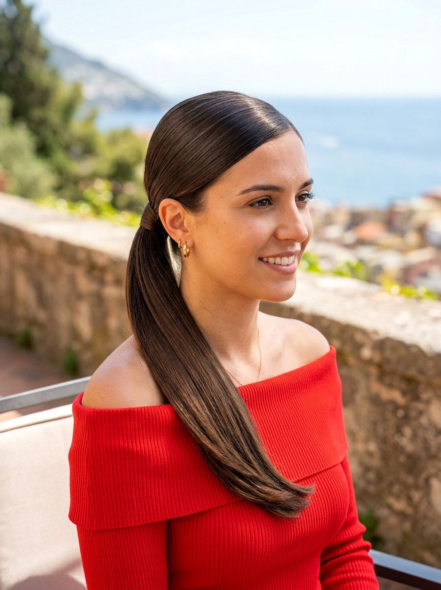 Side Swept Sleek Ponytail - 20 easy sleek ponytail styling ideas - 20 easy sleek ponytail styling ideas