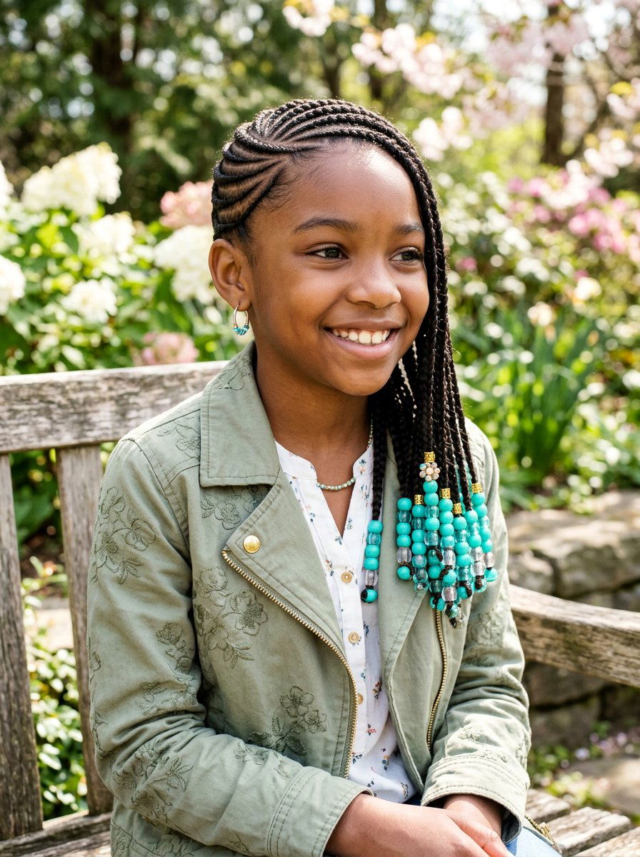 Side Swept Stitch Braids With Beads - 20 kids stitch braids with beads - 20 kids stitch braids with beads