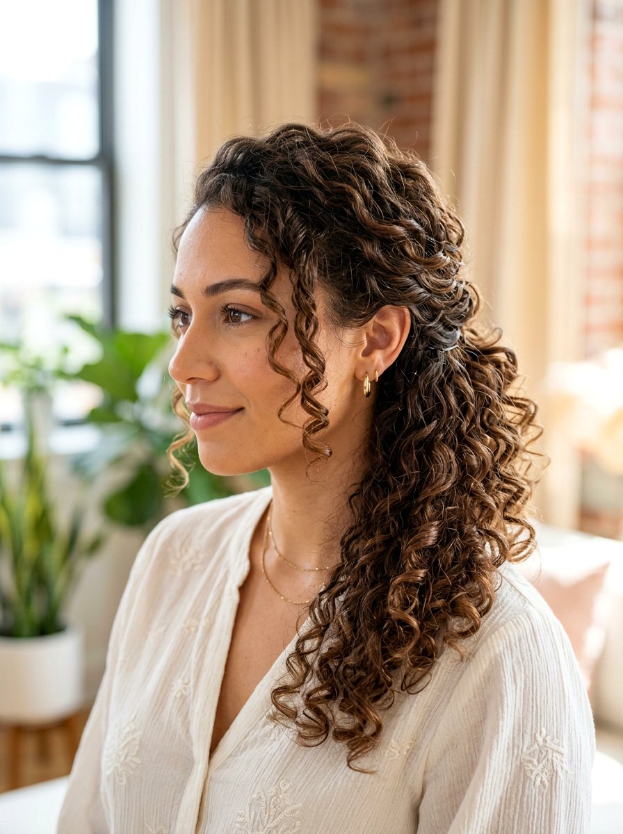 Side Swept Updo For Long Curly Hair - 20 easy work hairstyle for long curly hair - 20 easy work hairstyle for long curly hair