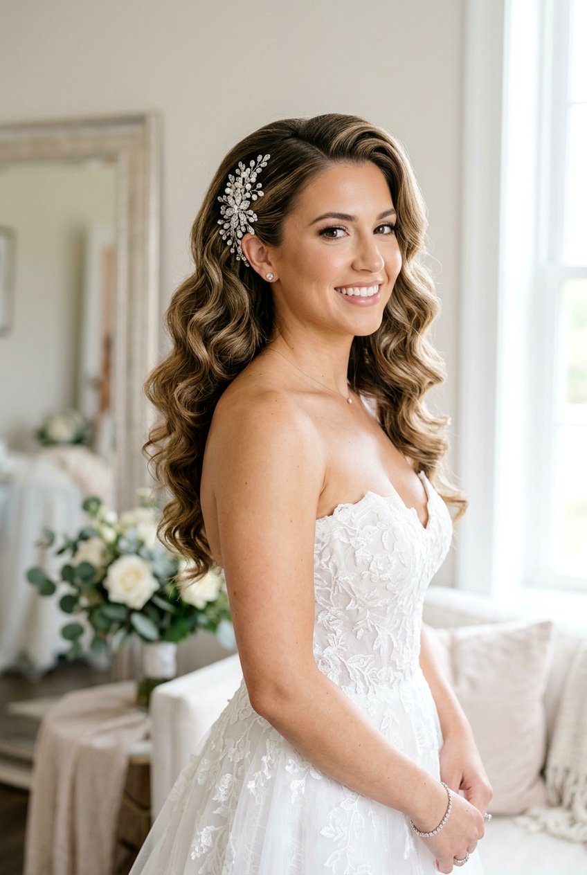 Side Swept Waves - 20 elegant bridal hairstyle for medium hair - 20 elegant bridal hairstyle for medium hair