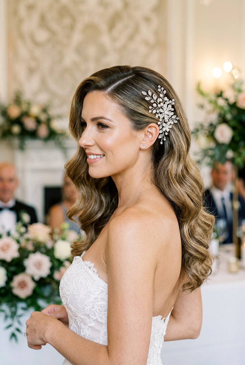 Side Swept Waves With Crystal Hairpins - 20 crystal hairpin bridal hairstyle - 20 crystal hairpin bridal hairstyle