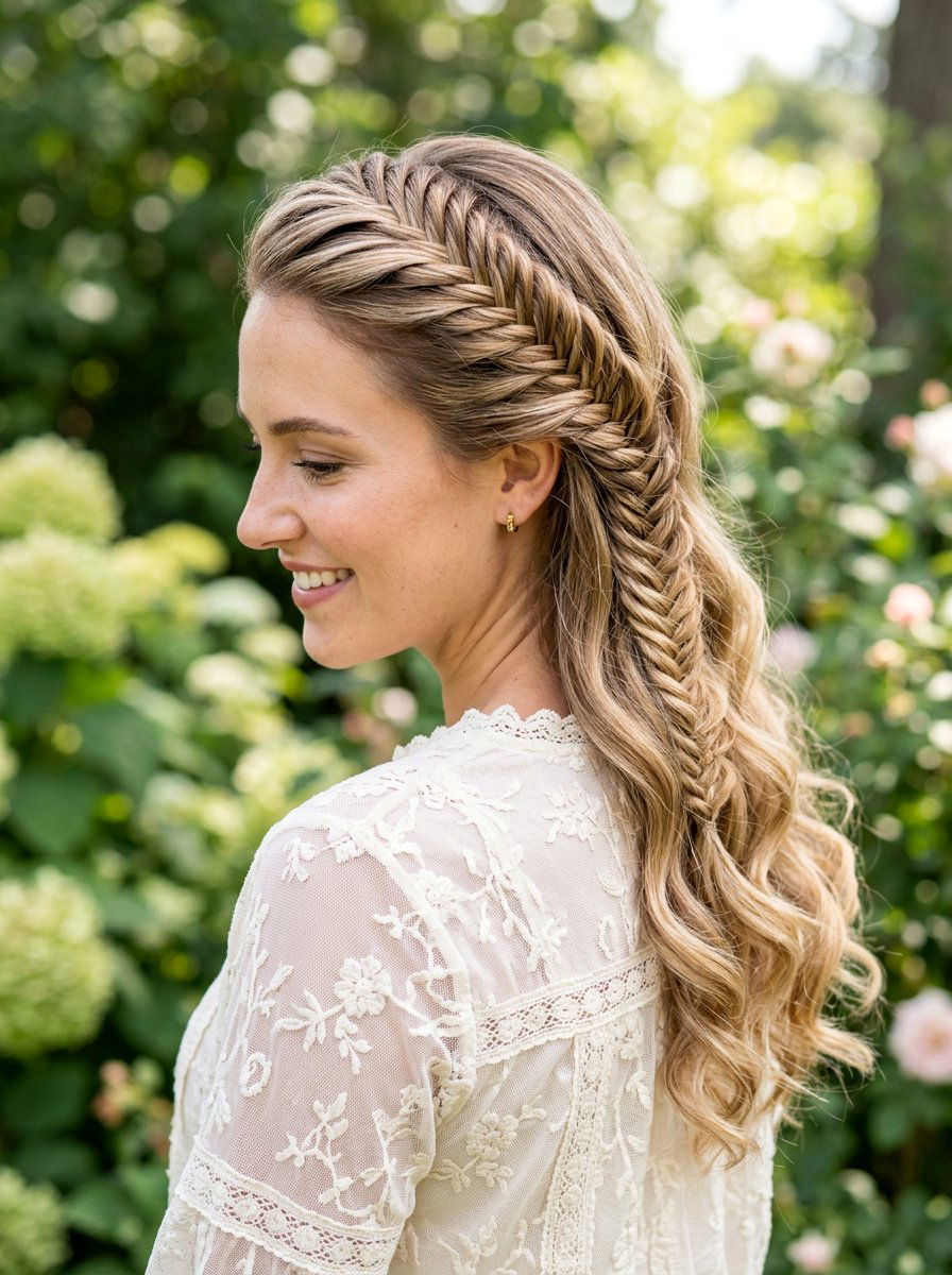 Side Swept Waves With Fishtail Braid - 20 date night hairstyle with side swept waves - 20 date night hairstyle with side swept waves