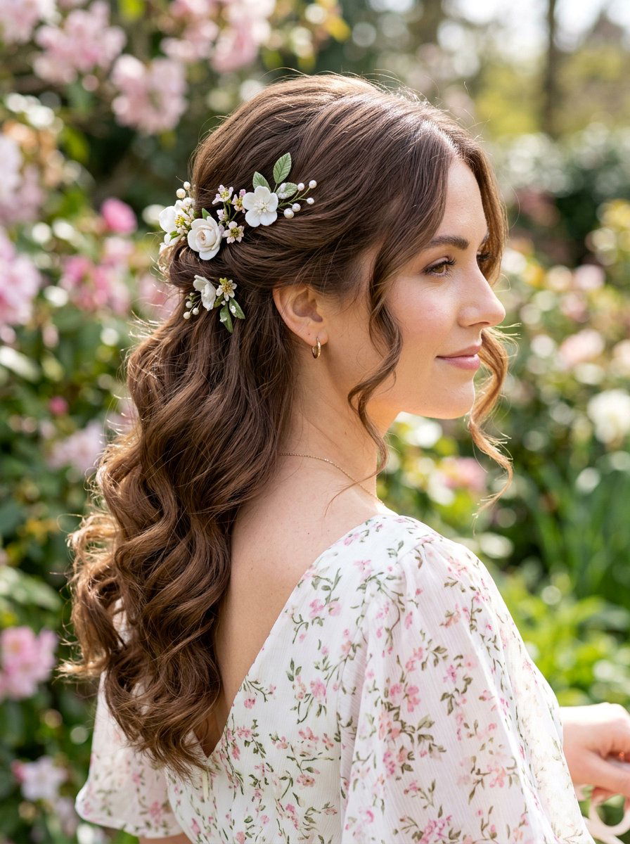 Side Swept Waves With Floral Pins - 20 date night hairstyle with side swept waves - 20 date night hairstyle with side swept waves