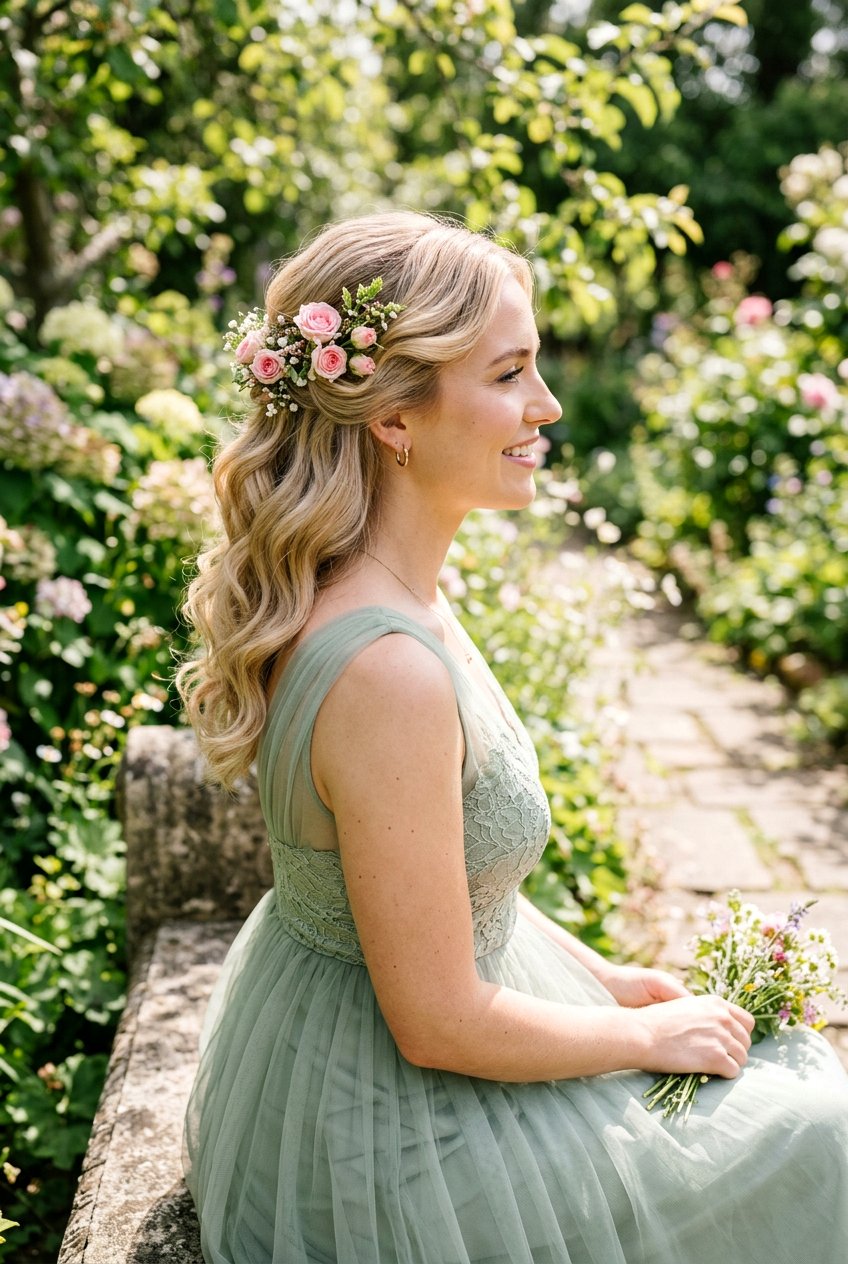 Side Swept Waves With Flowers - 20 prom hairstyle with side swept waves - 20 prom hairstyle with side swept waves