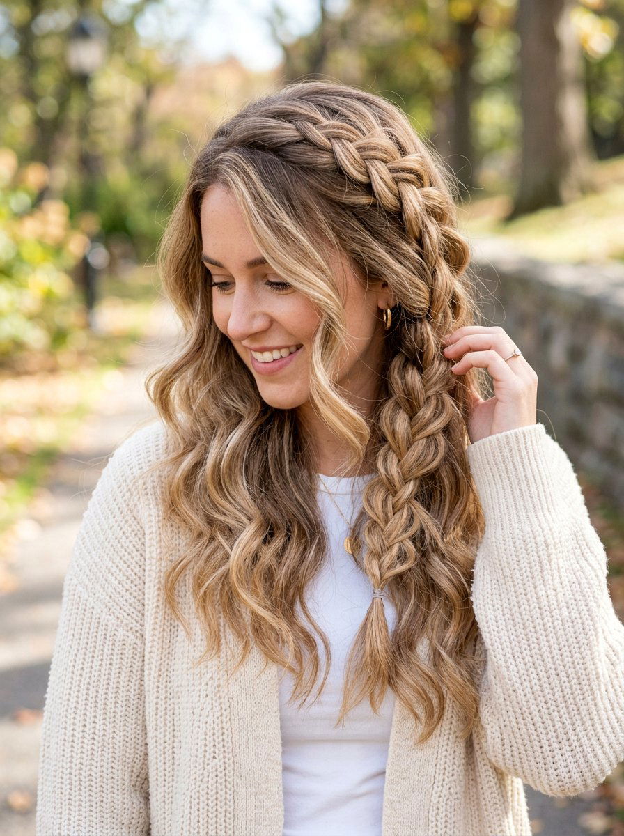Side Swept Waves With Loose Braid - 20 date night hairstyle with side swept waves - 20 date night hairstyle with side swept waves
