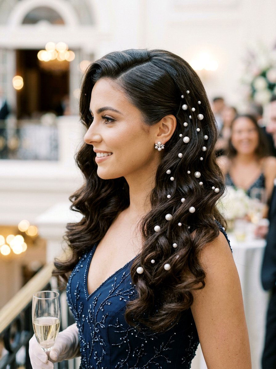Side Swept Waves With Pearl Embellishments - 20 date night hairstyle with side swept waves - 20 date night hairstyle with side swept waves