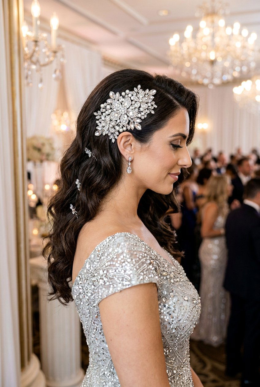 Side Swept Waves With Sparkly Clips - 20 prom hairstyle with side swept waves - 20 prom hairstyle with side swept waves