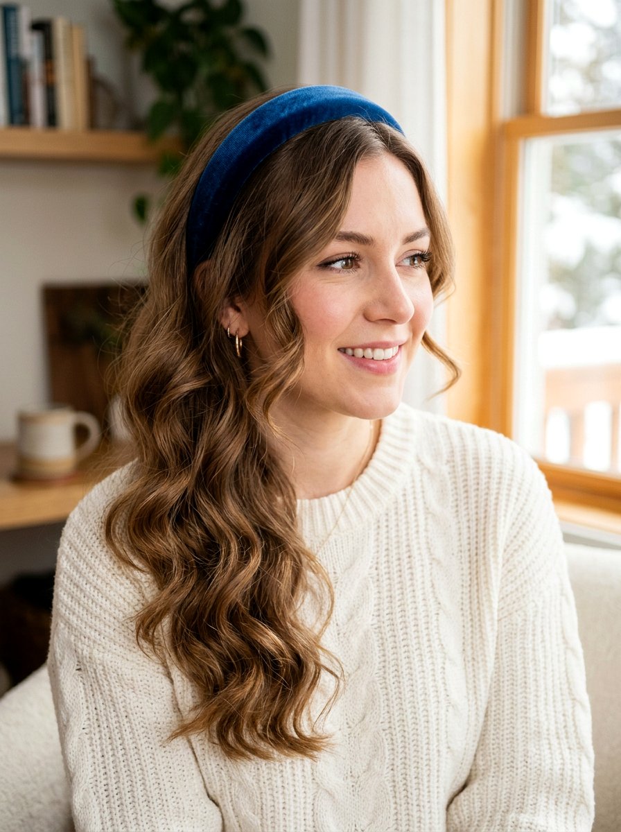 Side Swept Waves With Velvet Headband - 20 date night hairstyle with side swept waves - 20 date night hairstyle with side swept waves