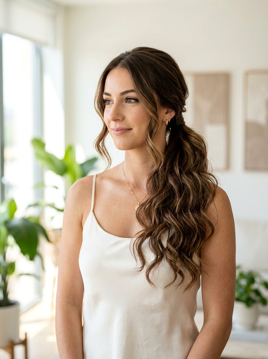 Side Swept Wavy Ponytail - 20 date night hairstyle with soft glam ponytail - 20 date night hairstyle with soft glam ponytail