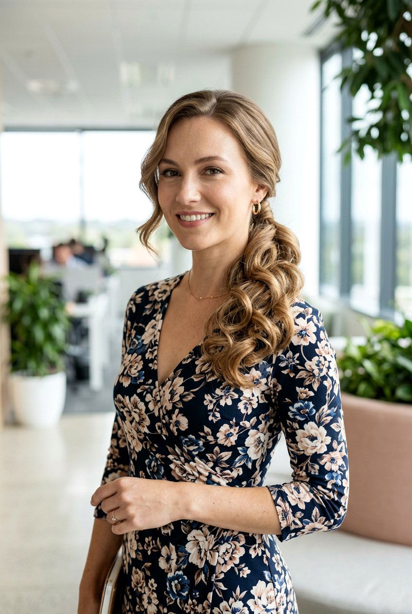 Side Swept Wavy Ponytail - 20 elegant office ponytail for fine hair - 20 elegant office ponytail for fine hair