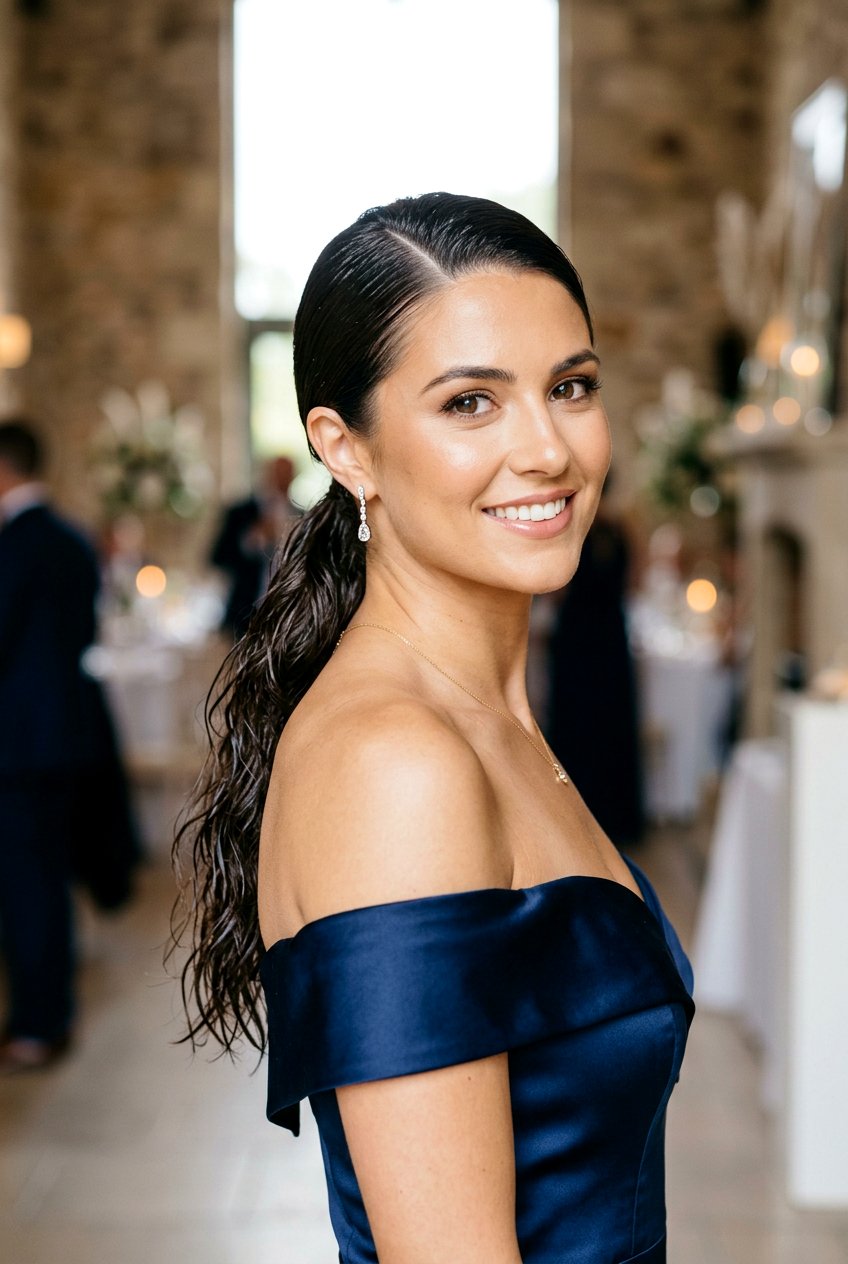 Side Swept Wet Ponytail - 20 runway wet look ponytail - 20 runway wet look ponytail