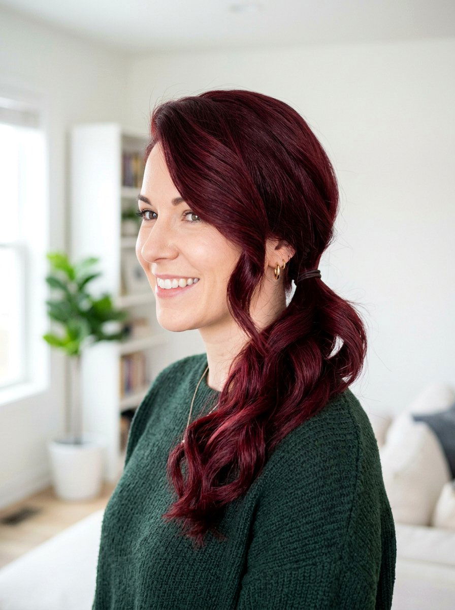 Side Swoop Ponytail With Burgundy Hair - 20 side swoop braid ponytail - 20 side swoop braid ponytail