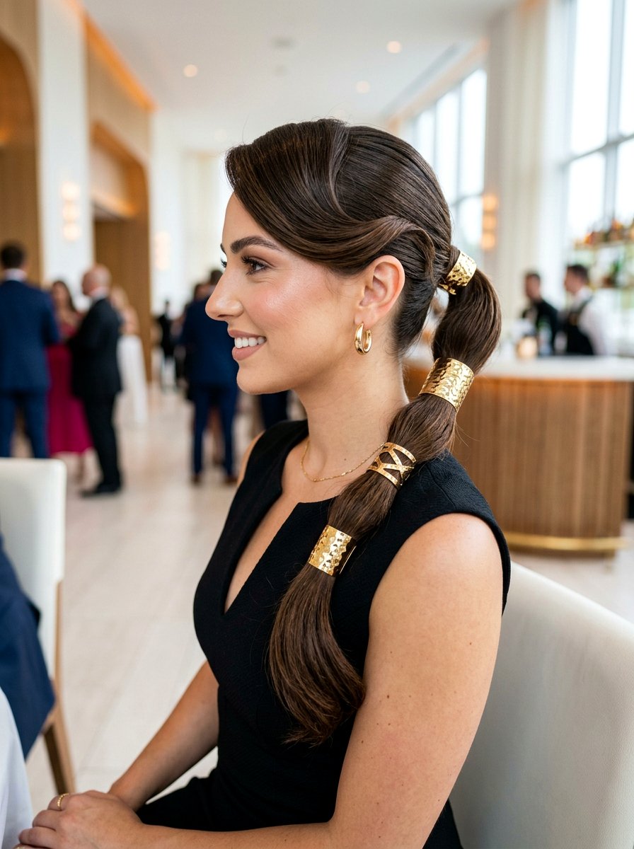 Side Swoop Ponytail With Gold Cuffs - 20 side swoop braid ponytail - 20 side swoop braid ponytail