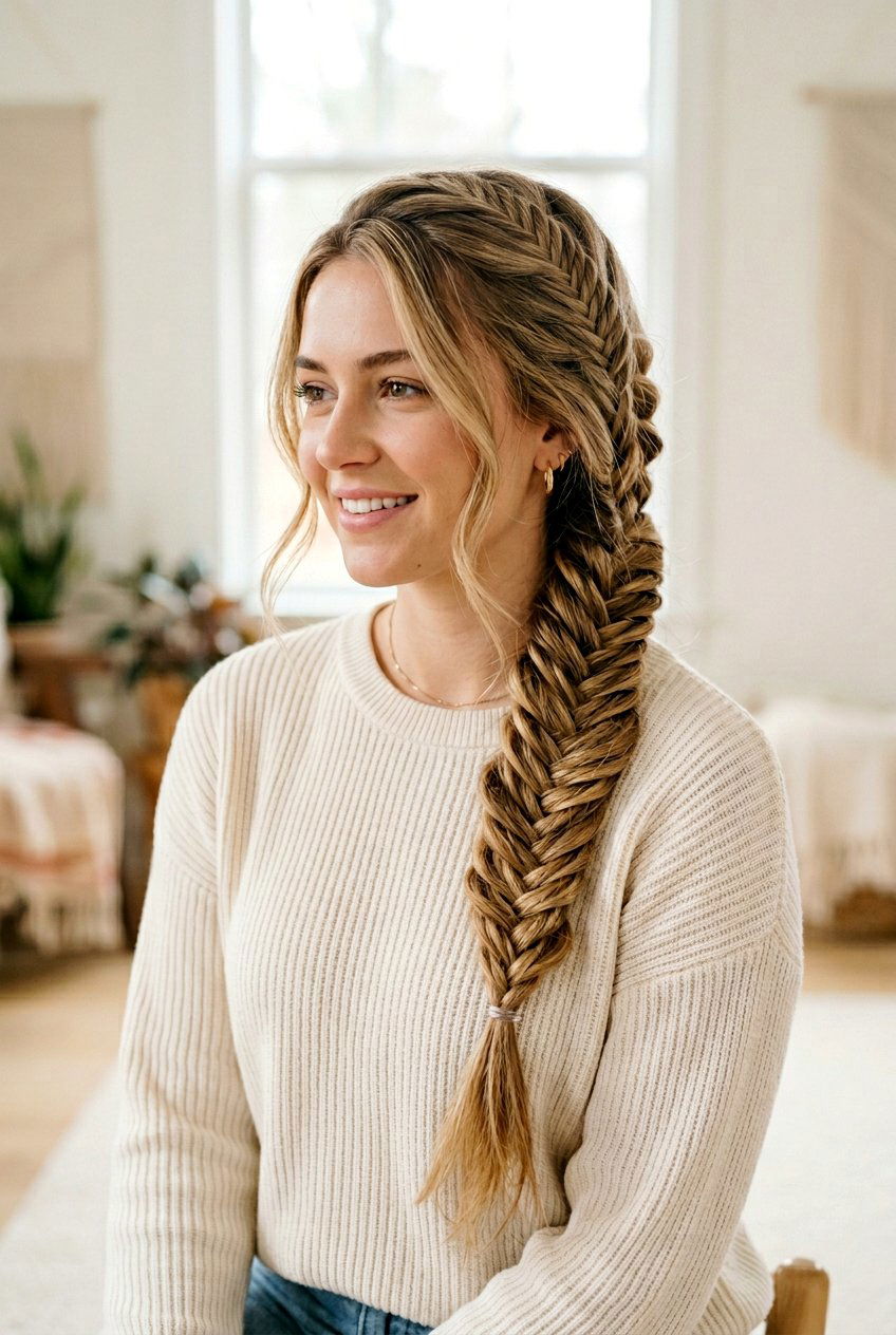Side fishtail braid - 20 quick no heat hairstyle for mornings - 20 quick no heat hairstyle for mornings