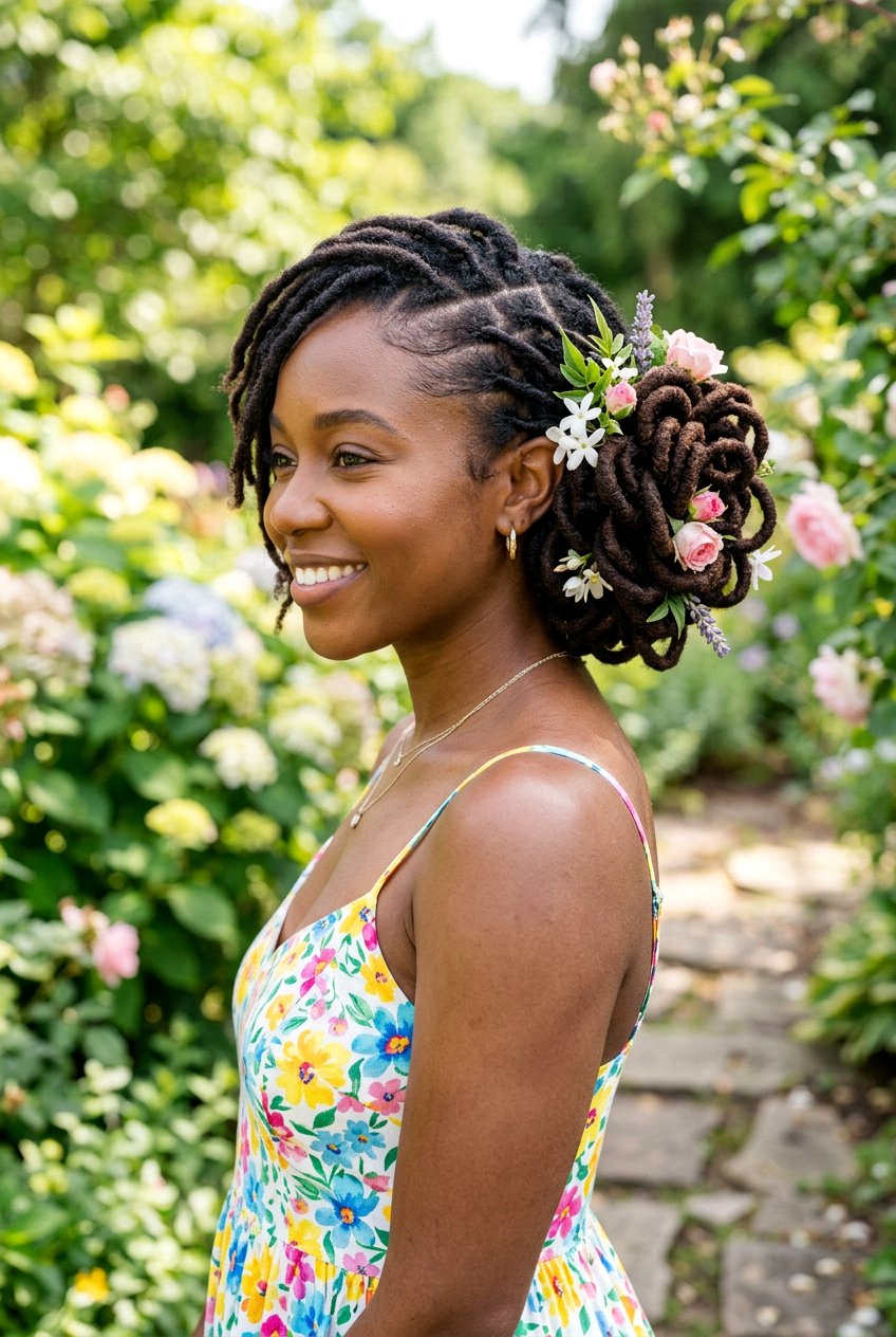 Side loc petal bun - 20 loc petal bun hairstyle - 20 loc petal bun hairstyle