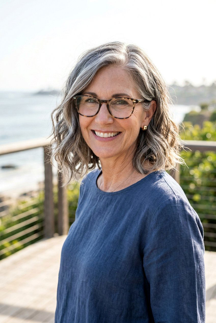 Side parted lob with beach waves - 20 hairstyles for women over 50 with glasses - 20 hairstyles for women over 50 with glasses