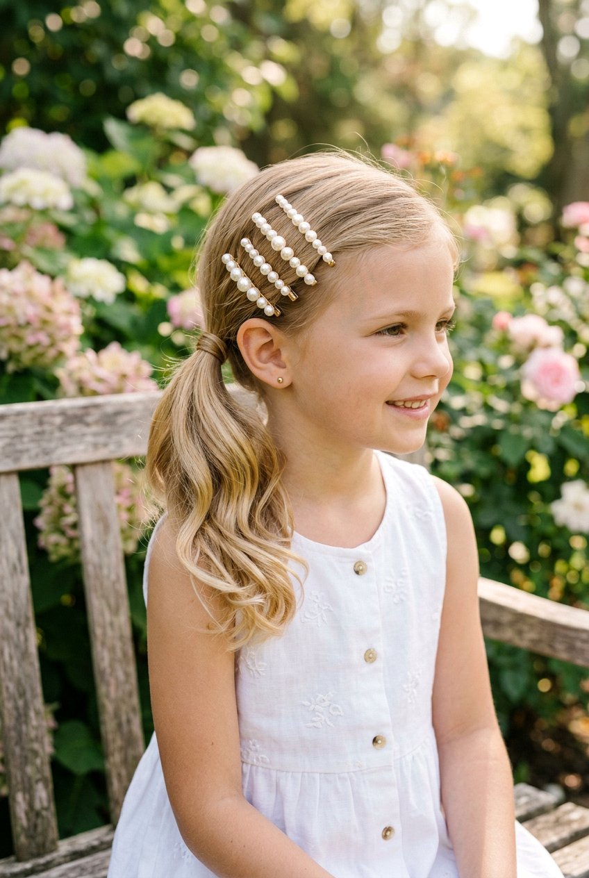 Side ponytail with pearl hair clips - 20 communion ponytail hairstyle - 20 communion ponytail hairstyle