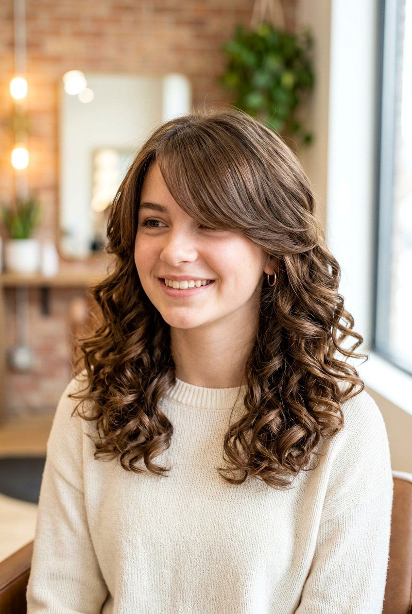 Side swept bangs with loose curls - 20 hairstyles for teenage girls - 20 hairstyles for teenage girls