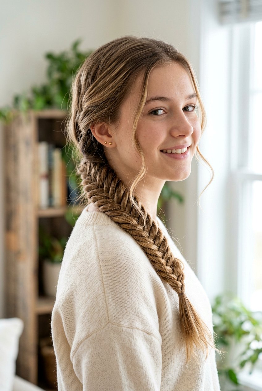 Side swept fishtail braid - 20 cute hairstyles for school - 20 cute hairstyles for school
