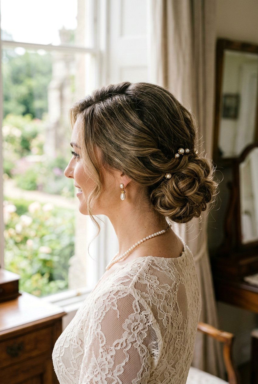 Side swept low bun for vintage look - 20 dark academia bun for women - 20 dark academia bun for women