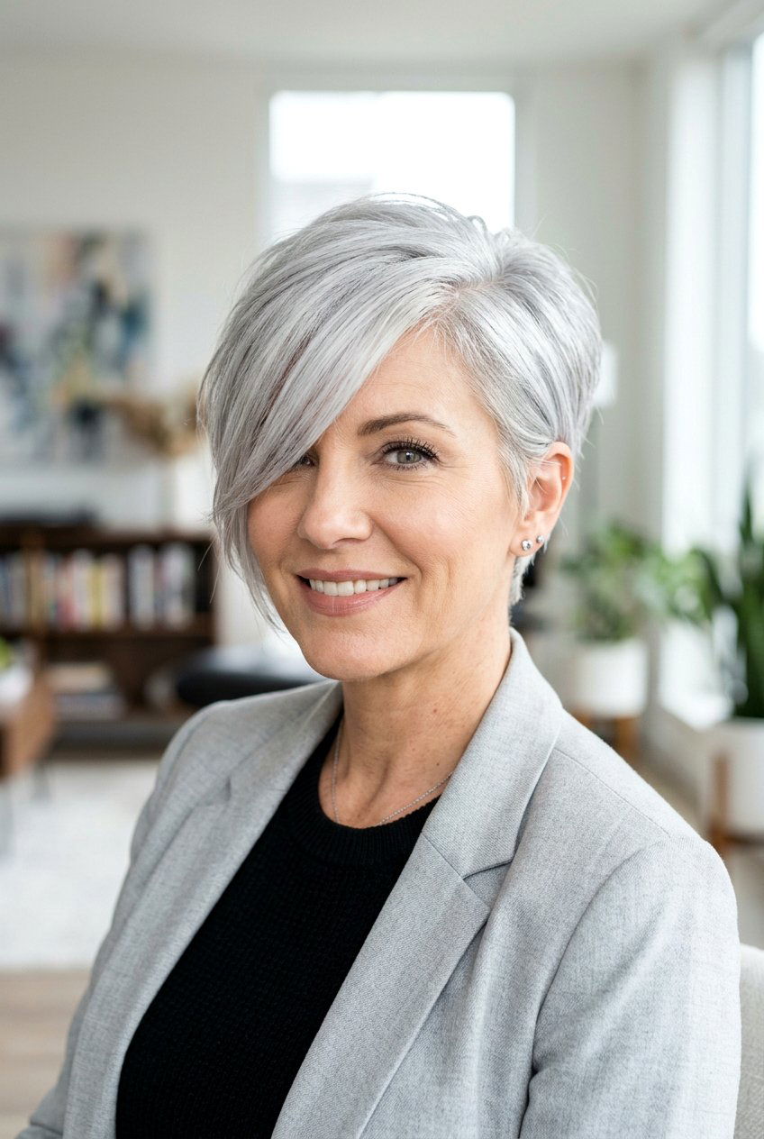 Side swept silver pixie - 20 gray pixie haircut - 20 gray pixie haircut