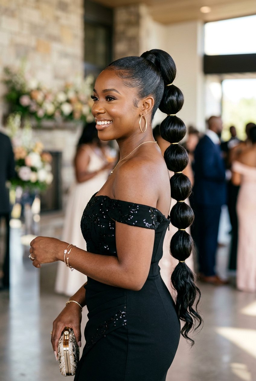 Silk Press Bubble Braid Ponytail - 20 bridal hairstyle for black women silk press - 20 bridal hairstyle for black women silk press