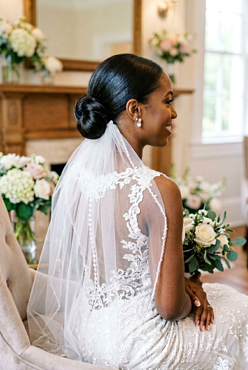 Silk Press Chignon With Veil - 20 bridal hairstyle for black women silk press - 20 bridal hairstyle for black women silk press