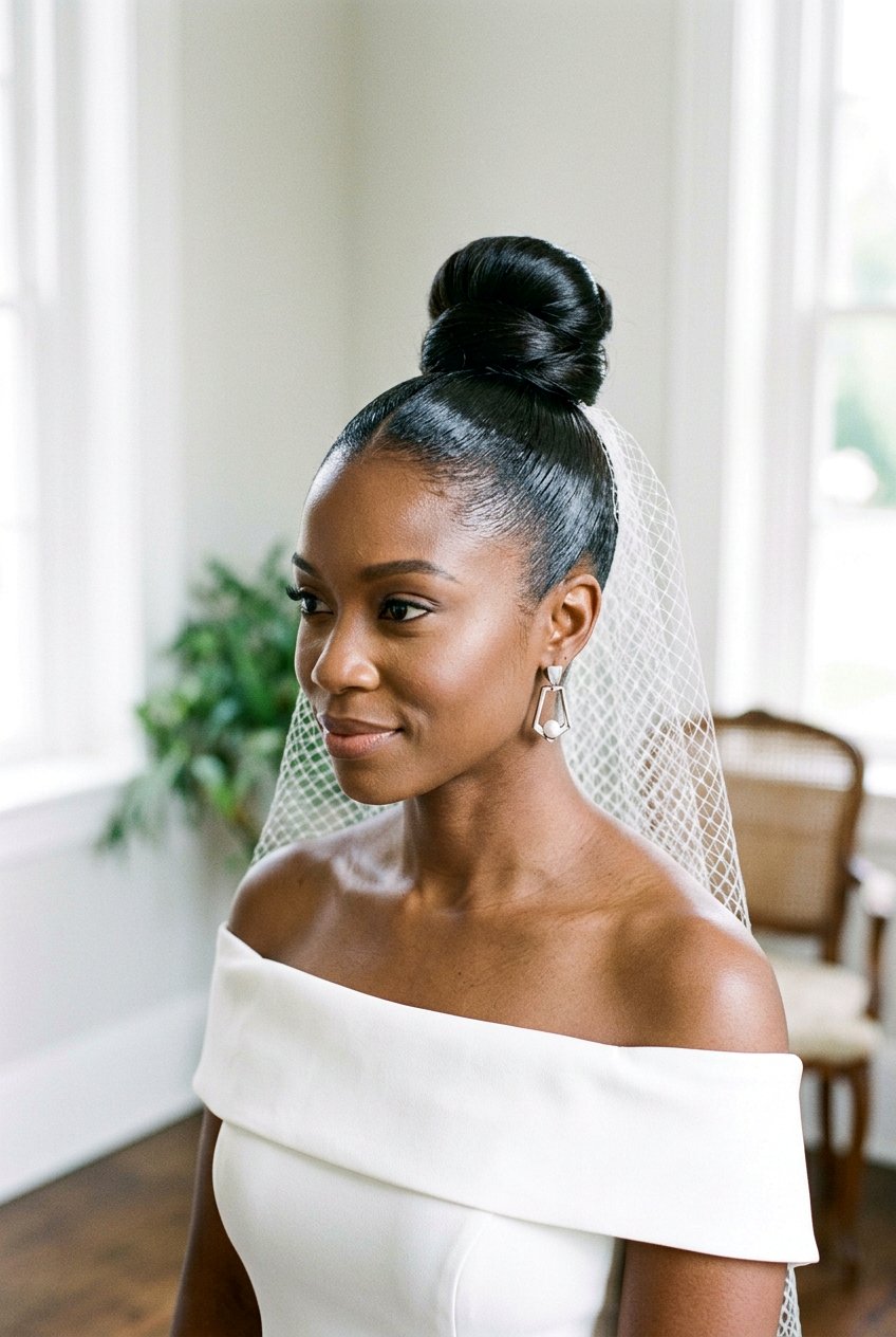 Silk Press Half Up Chignon with Floral Accents - 20 elegant silk press wedding hairstyle - 20 elegant silk press wedding hairstyle