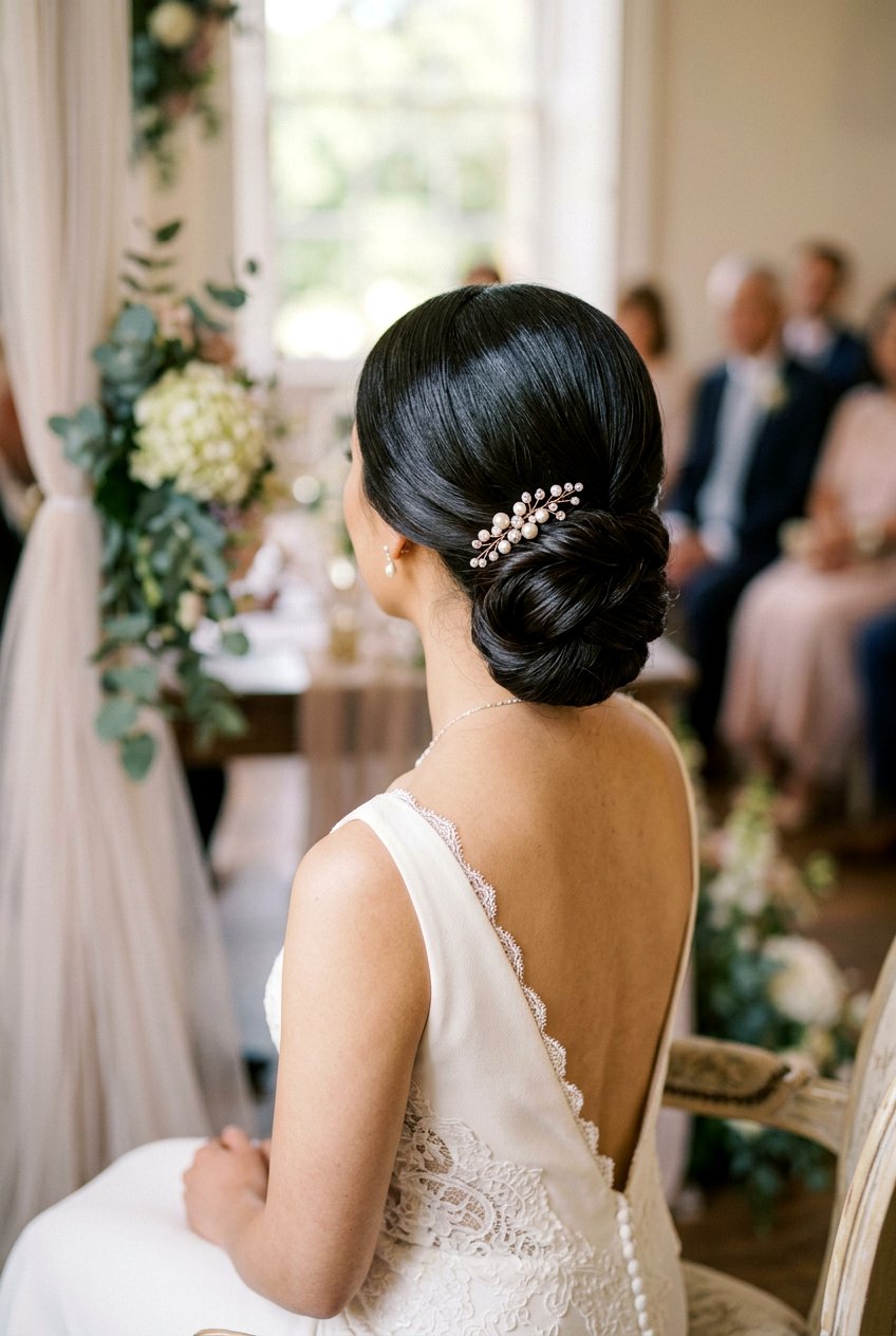 Silk Press Low Chignon with Pearl Hair Pins - 20 elegant silk press wedding hairstyle - 20 elegant silk press wedding hairstyle