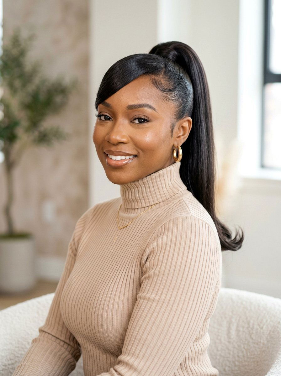 Silk Press Ponytail With Swoop Bang - 20 silk press ponytail hairstyle - 20 silk press ponytail hairstyle