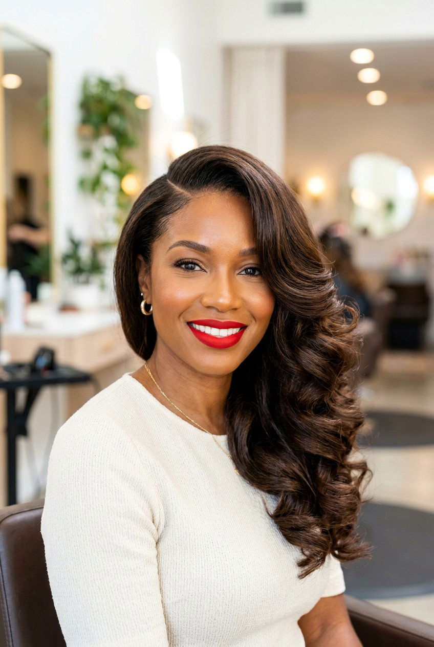 Silk Press Side Part With Voluminous Curls - 20 bridal hairstyle for black women silk press - 20 bridal hairstyle for black women silk press