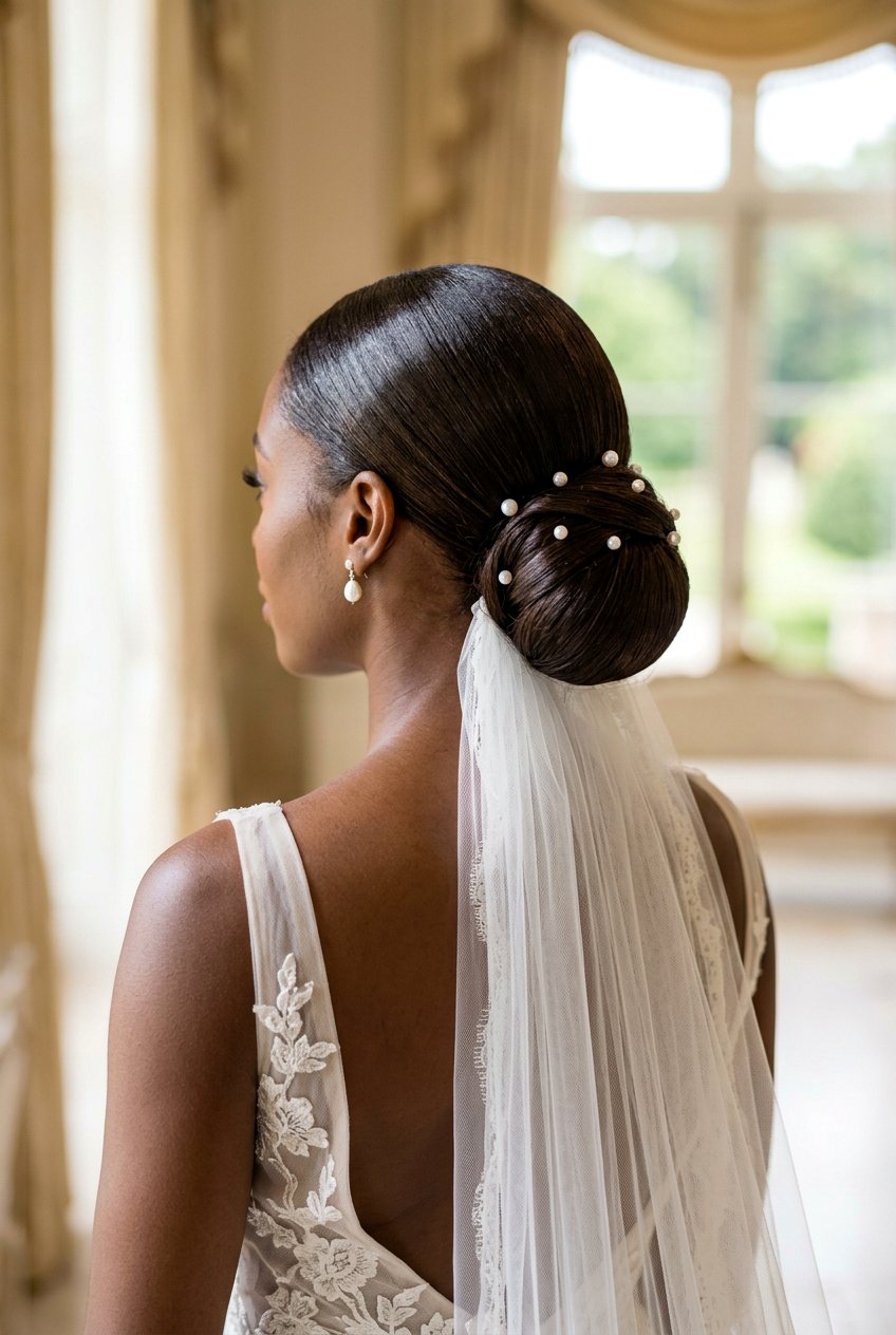 Silk Press Sleek High Bun with a Center Part - 20 elegant silk press wedding hairstyle - 20 elegant silk press wedding hairstyle