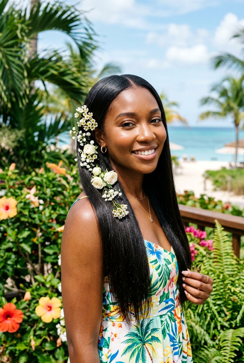 Silk Press With Floral Accessories - 20 bridal hairstyle for black women silk press - 20 bridal hairstyle for black women silk press