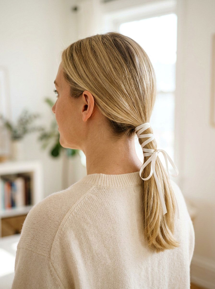Silk Ribbon Wrapped Low Ponytail - 20 old money ponytail hairstyle - 20 old money ponytail hairstyle