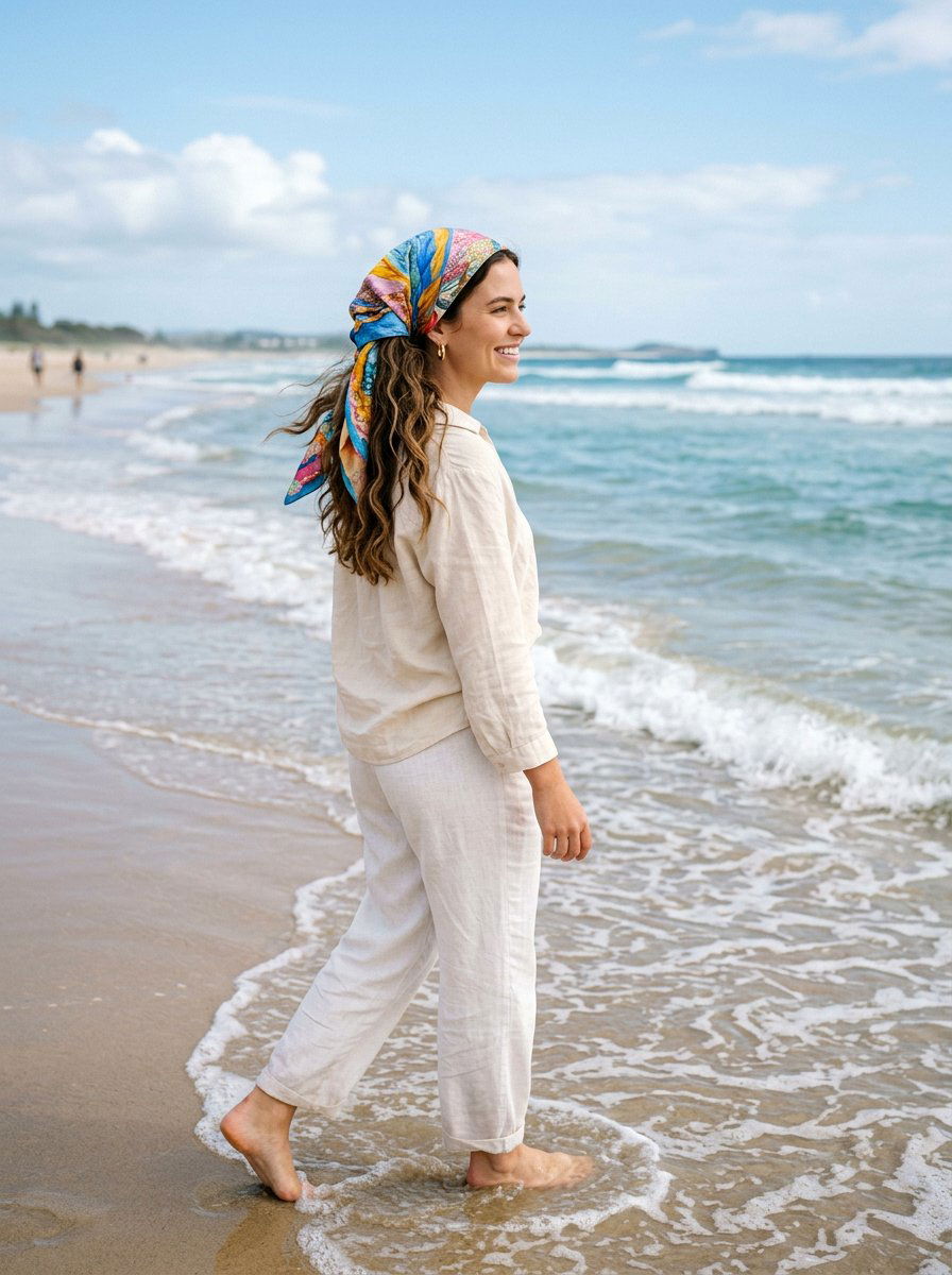 Silk Scarf Low Beach Waves - 20 vacation hairstyle with low beach waves - 20 vacation hairstyle with low beach waves