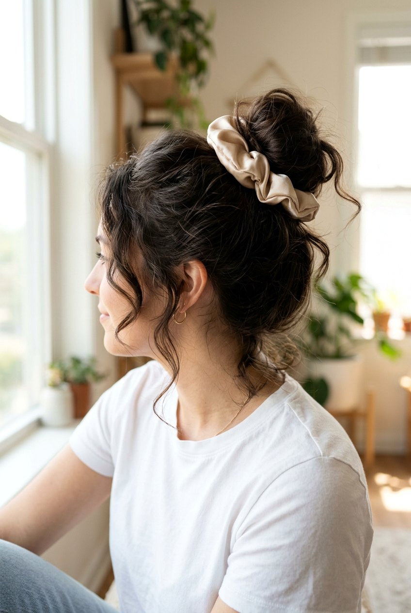 Silk Scrunchie Messy Bun - 20 messy bun for moms with thin hair - 20 messy bun for moms with thin hair