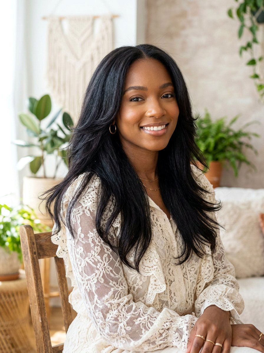 Silk press with feathered layers - 20 silk press with layers - 20 silk press with layers