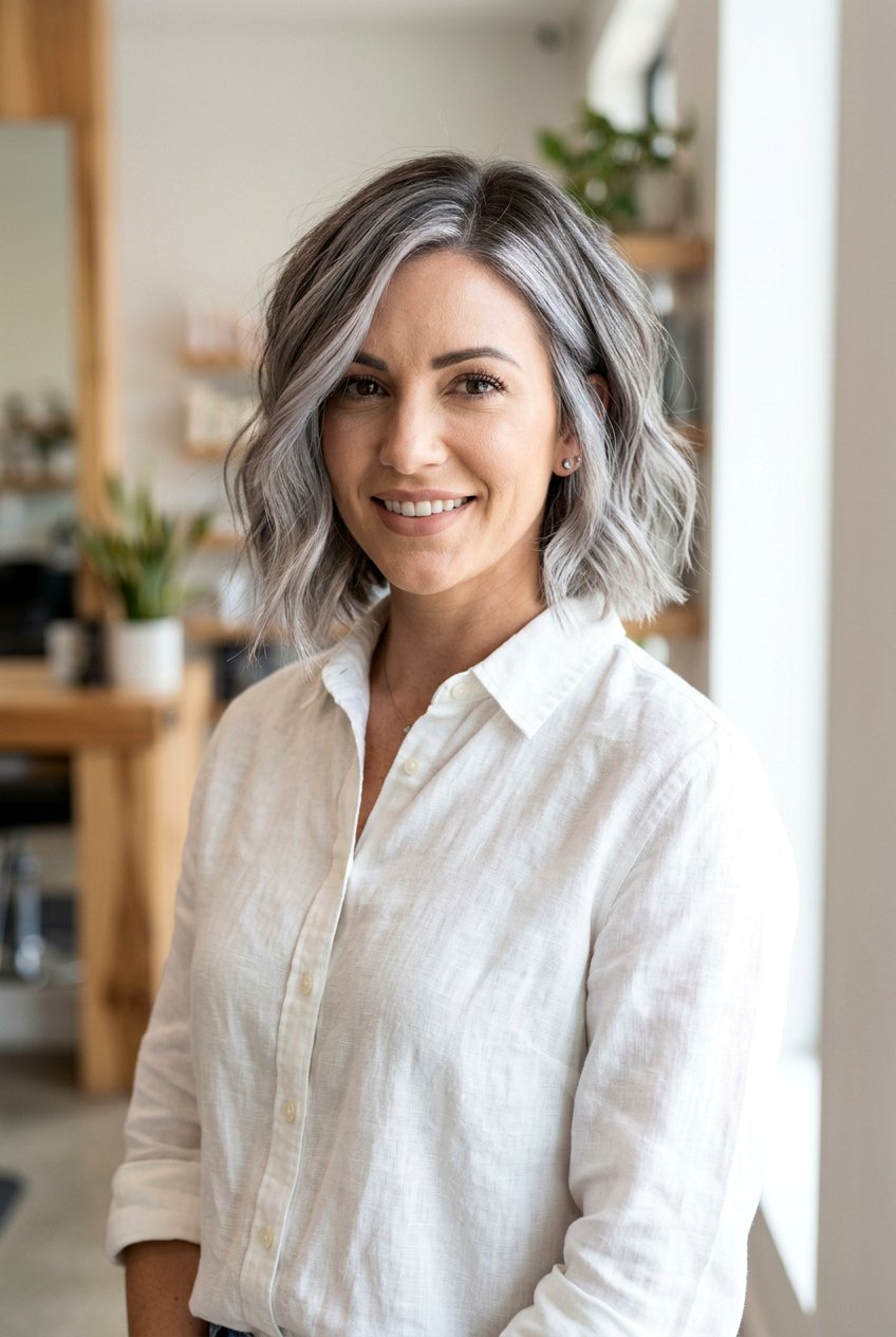 Silver Balayage Bob - 20 gray blending bob with highlights - 20 gray blending bob with highlights