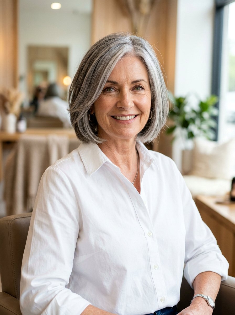 Silver Balayage Bob - 20 dimensional gray blend for mature women - 20 dimensional gray blend for mature women