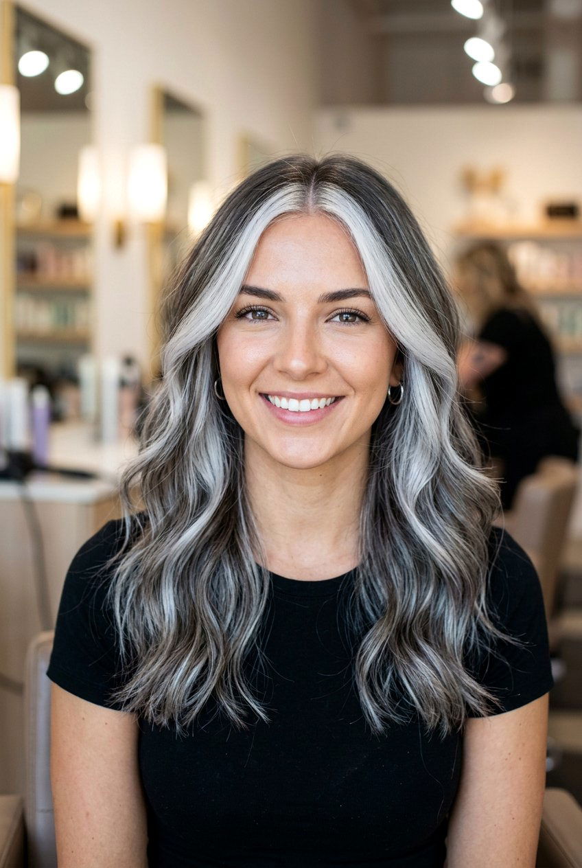 Silver Balayage Face Framing Highlights - 20 silver balayage for dark hair - 20 silver balayage for dark hair