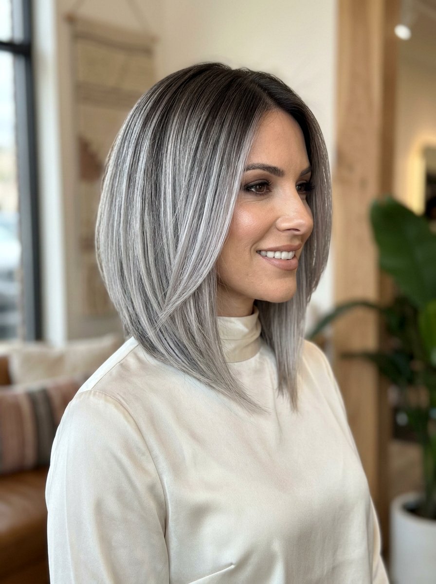 Silver Balayage On Layered A Line Bob - 20 silver balayage for layered bob - 20 silver balayage for layered bob